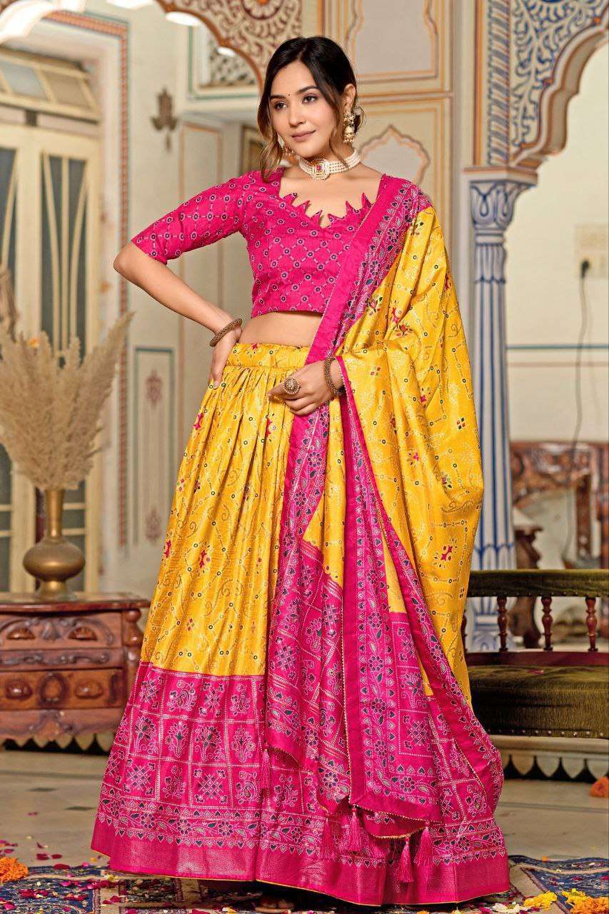 Women's Tussar Silk Patola Print Lehenga Choli Dupatta Set