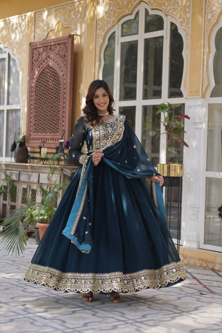 Women's Luxurious Plum Velvet Anarkali Gown with Heavy Gold Zari & Sequin Embroidery โ Perfect for Weddings & Grand Festivities - Image 9