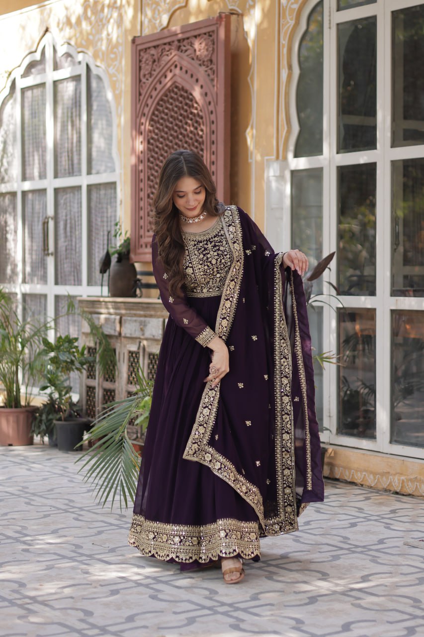 Women's Luxurious Plum Velvet Anarkali Gown with Heavy Gold Zari & Sequin Embroidery โ Perfect for Weddings & Grand Festivities - Image 7
