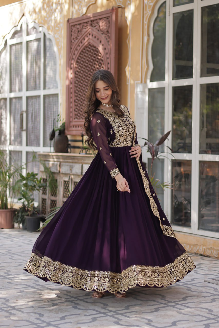 Women's Luxurious Plum Velvet Anarkali Gown with Heavy Gold Zari & Sequin Embroidery โ Perfect for Weddings & Grand Festivities - Image 2